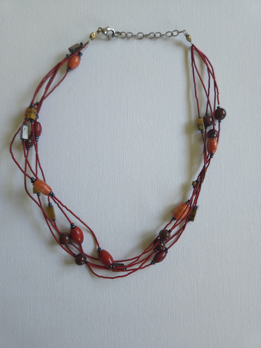 Red Multi-Strand Beaded‎ Necklace with Wood & Tiger Eye